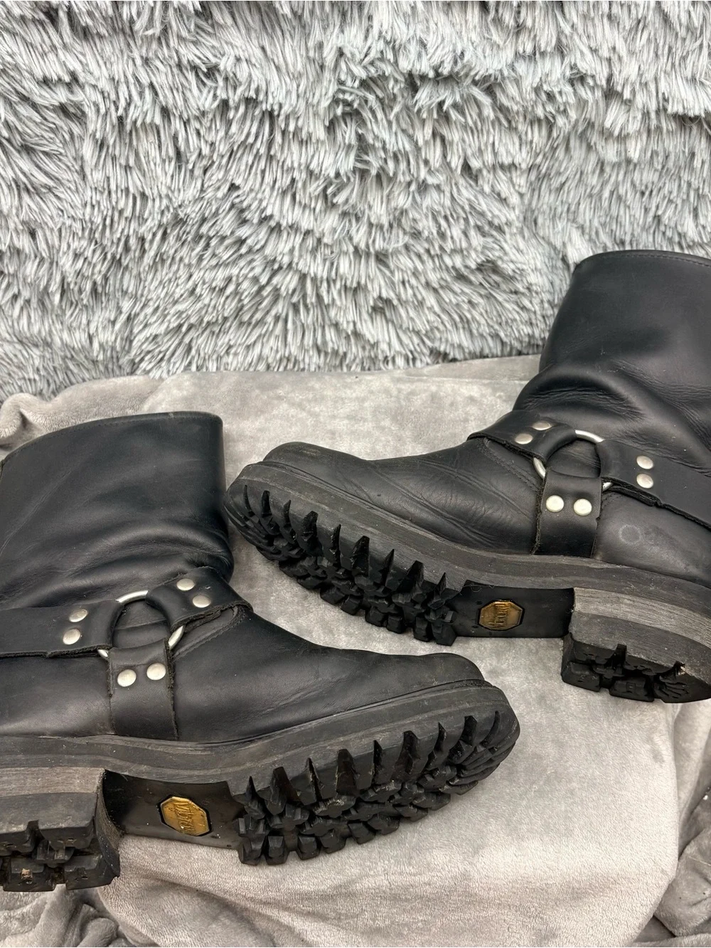 Frye Lug Harness Boots Men 9 Black Leather Vibram Mid Calf Adjustable Top Collar